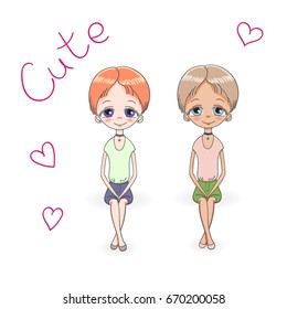 Hand drawn vector illustration of two short haired teenage girls in diagonal cap sleeved tops and shorts, sitting, with text Cute and hearts. Isolated objects on white background. Design concept.