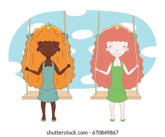Hand drawn vector illustration of two cute little princesses (crown can be removed), sitting together on a swing, with sky and white clouds in the background. Isolated objects. Design concept for kids