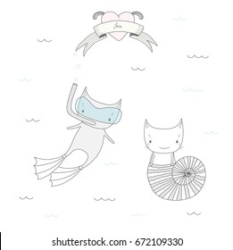 Hand drawn vector illustration of two cute little cats under water, in a sea shell and in swim fins and scuba mask, heart and text Sea. Isolated objects on white background. Design concept for kids.