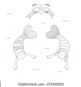 Hand drawn vector illustration of two cute little mermaid girls, swimming in the sea, heart with fins and text Mermaid on a ribbon. Isolated objects on white background. Design concept for children.