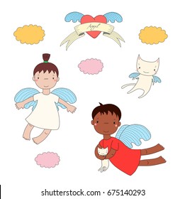 Hand drawn vector illustration of two cute little angel girls, one holding kitten, and angel cat, heart and text Angel on a ribbon. Isolated objects on white background. Design concept for children.