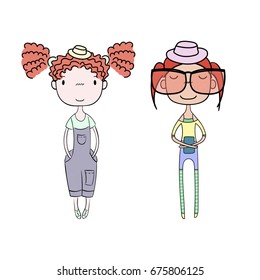 Hand drawn vector illustration of two cute trendy girls with different hair, in t-shirt, leggings, shorts and denim overalls. Isolated objects on white background. Design concept for kids.