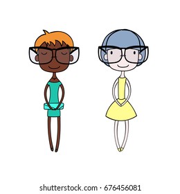 Hand drawn vector illustration of two cute trendy girls with different hair, skin colors, in dresses and glasses, with a clutch bag. Isolated objects on white background. Design concept for kids.