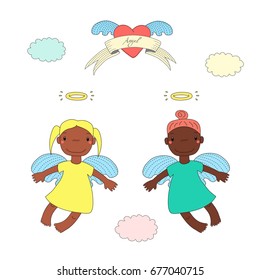 Hand drawn vector illustration of two cute dark skinned angel girls with different hair, flying, winged heart and text on a ribbon. Isolated objects on white background. Design concept for children.