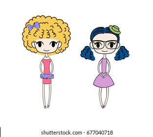 Hand drawn vector illustration of two kawaii trendy girls with different hair, in cute dresses, with bow, hat and clutch bag. Isolated objects on white background. Design concept for kids.