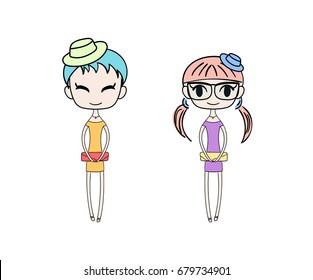 Hand drawn vector illustration of two kawaii trendy girls with different hair, in cute dresses, hats, with clutch bags. Isolated objects on white background. Design concept for kids.