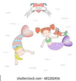 Hand drawn vector illustration of two cute little mermaid girls and a cat in swim fins and scuba mask, under water, heart and text. Isolated objects on white background. Design concept for kids.