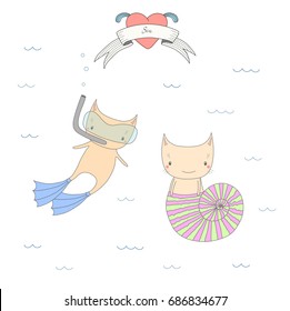 Hand drawn vector illustration of two cute little cats under water, in a sea shell and in swim fins and scuba mask, heart and text Sea. Isolated objects on white background. Design concept for kids.