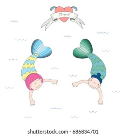 Hand drawn vector illustration of two cute little mermaid girls, swimming in the sea, heart with fins and text Mermaid on a ribbon. Isolated objects on white background. Design concept for children.