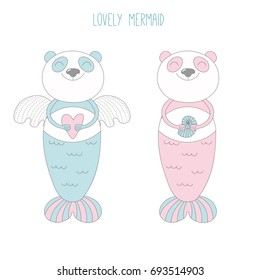 Hand drawn vector illustration of two cute mermaid pandas, one with angel wings, holding sea shell and heart, with text. Isolated objects on white background. Design concept for children, sea theme.