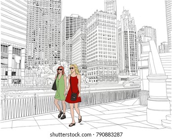 Hand drawn vector illustration. Two stylish young women shopping downtown Chicago with the river and skyscrapers behind. Black and white except for the women.