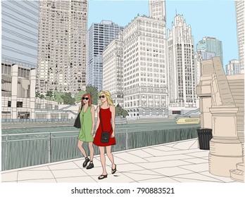 Hand drawn vector illustration. Two stylish young women shopping downtown Chicago with the river and skyscrapers behind.