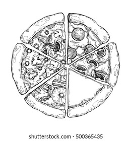 Hand drawn vector illustration - Types of pizza: Pepperoni, Margherita, Hawaiian, Mushroom. Sketch style. Perfect for leaflets, cards, posters, prints, booklets