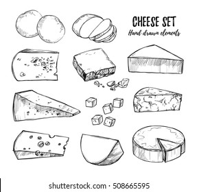 Hand drawn vector illustration. Types of cheese: mozzarella, gouda, parmesan, maasdam. Design elements in sketch style. Perfect for packaging, menu, cards, advertisement, banners