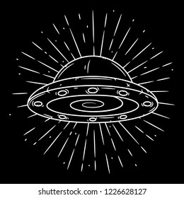 Hand drawn vector illustration with a UFO and divergent rays. Used for poster, banner, web, t-shirt print, bag print, badges, flyer, logo design and more. Cartoon UFO