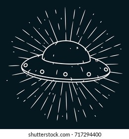 Hand drawn vector illustration with a UFO and divergent rays on blackboard. Used for poster, banner, web, t-shirt print, bag print, badges, flyer, logo design and more. Cartoon UFO