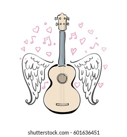 Hand drawn vector illustration with ukulele, sketch wings, hearts and melody
