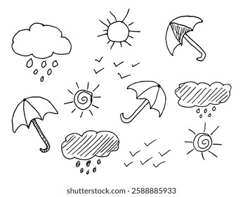 Hand drawn vector illustration of umbrella, clouds, rain, sun, and flying birds in doodle style