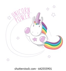 Dibujo manual de un unicornio con forma de arco iris y cola volando como super héroe, con texto Unicorn poder.  Objetos aislados. Concepto de diseño para niños - postales, afiches, camisetas impresas.