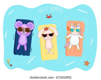 Hand drawn vector illustration of a unicorn, koala and bunny in sunglasses floating in the sea on inflatable air mattresses, with fish, starfish and crab, text Hello Summer. Design concept for kids.
