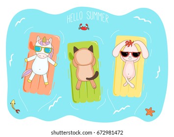 Hand drawn vector illustration of a unicorn, bunny and cat in sunglasses floating in the sea on inflatable air mattresses, with fish, starfish and crab, text Hello Summer. Design concept for kids.