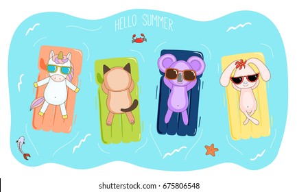 Hand drawn vector illustration of a unicorn, koala, bunny and cat in sunglasses floating in the sea on inflatable air mattresses, with fish, starfish and crab, text Hello Summer. Design concept kids.