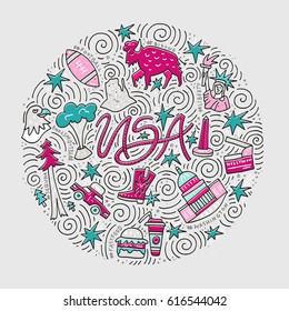 Hand drawn vector illustration of United States. All main symbols in circle shape.