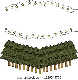 Hand drawn vector illustration. Unusual strange Christmas trees, lined up in a row in a cartoon style. Card for announcements, messages for the New year.