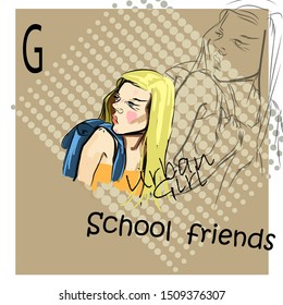 hand drawn vector illustration with urban girl on texture background .