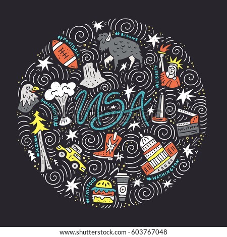 The hand drawn vector illustration of the USA symbols in a square shape. 