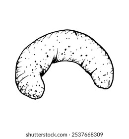 A hand drawn vector illustration of a vanilla crescent shaped cookie with a textured. Monochrome sketch of crumbly, soft pastry, ideal for bakery branding, culinary projects, or food themed designs.