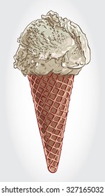 Hand drawn vector illustration of Vanilla Ice Cream on a cone.