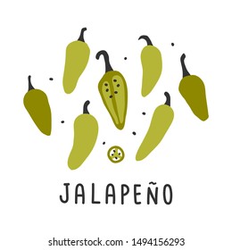 Hand Drawn Vector Illustration Of Various Kinds Of Pepper Vegetable. Simple Handdrawn Drawing Of Jalapeno  Pepper Sort. Cooking Ingredient Isolated Element In Sketch Style.