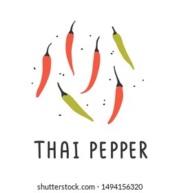 hand drawn vector illustration of various kinds of pepper vegetable. Simple colorful handdrawn drawing of thai pepper sort. Cooking ingredient isolated element in sketch style.