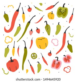 hand drawn vector illustration, various kinds of pepper vegetable. Simple colorful handdrawn drawing of cayenne, tabasco, chili, bell, sweet sorts. Cooking ingredient isolated element in sketch style.