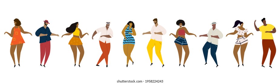 Hand drawn vector illustration of various people - men and women of diverse multi-racial background dancing happy fun dance. Seamless banner