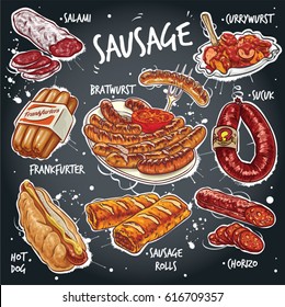 Hand drawn vector illustration of various sausage products.