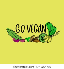 Hand drawn vector illustration for veganism popularization, vegan restaurants and farm markets promotion