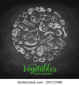 Hand drawn vector illustration with vegetables. Sketch. Chalkboard