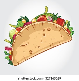 Hand drawn vector illustration of a Veggie Taco with tomatoes, avocado, lettuce, corn, coriander and onion.