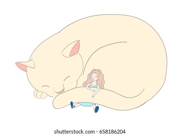 Hand drawn vector illustration of a very big cat, curled up, and little girl with long hair, sleeping together. Isolated objects on white background. Design concept for children.