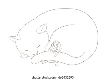 Hand drawn vector illustration of a very big cat, curled up, and little girl with long hair, sleeping together. Isolated objects on white background. Design concept for children.