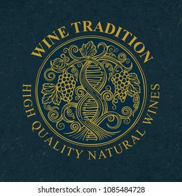 Hand drawn vector illustration of vineyard and grapes.
Wine tradition concept. DNA and infinity symbols drawn with grape vine.

