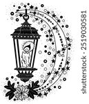 Hand drawn vector illustration with vintage old lantern and decorated moon on white. Esoteric, gothic and mystic object or element. Halloween and New Year concept. 