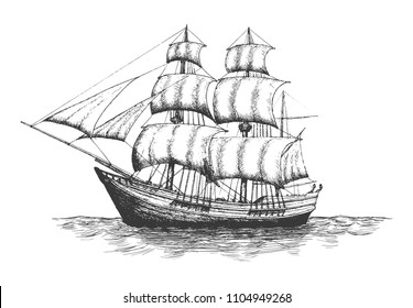 Hand drawn vector illustration of vintage nautical vessel in the sea.