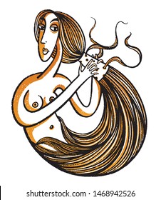 Hand drawn vector illustration. Vintage mermaid with long hair. Self-made woman. 2 color print for a t-shirt, poster, postcard, etc.