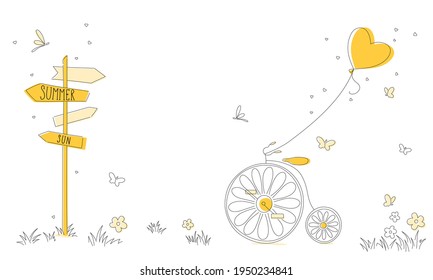 Hand drawn vector illustration of vintage bicycle with chamomile wheels ride to the summer.