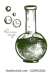 Hand drawn vector illustration with vintage bottle of poison and several vials. Boiling liquid in a glass flask. Black and white contour drawing with rough hatching. Halloween decorative attribute.