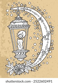 Hand drawn vector illustration with vintage old lantern and decorated moon against textured background. Esoteric, gothic and mystic object or element. Halloween and New Year concept. 