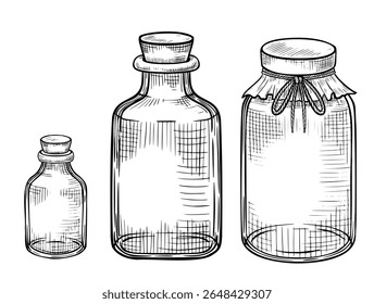 Hand drawn vector illustration of vintage Glass Bottles with corks and lids. Linear drawing for packaging design, herbal or apothecary labels. Retro black outline of Jar on isolated background.